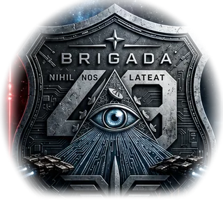Escudo de la corporación Brigada 49: placa metálica con un ojo dentro de un triángulo, el número 49 y el lema «Nihil nos lateat»