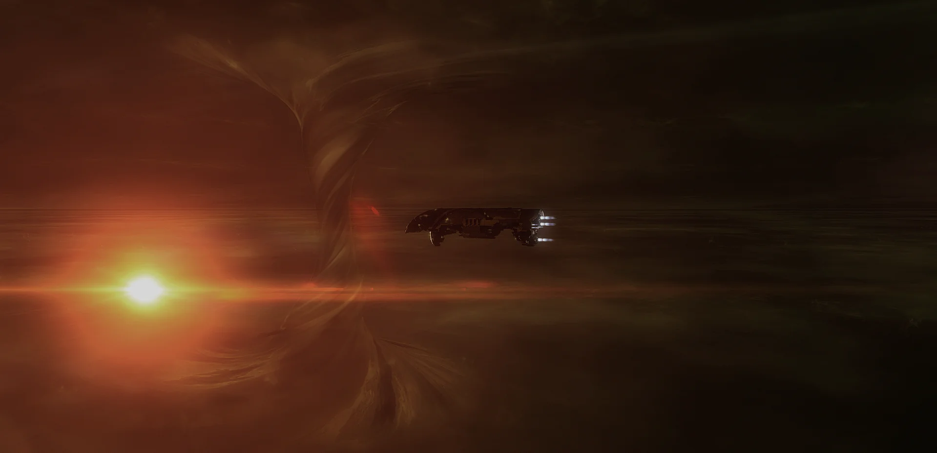 Una nave de EVE Online sale de un agujero de gusano junto a un sol naranja (captura del juego)